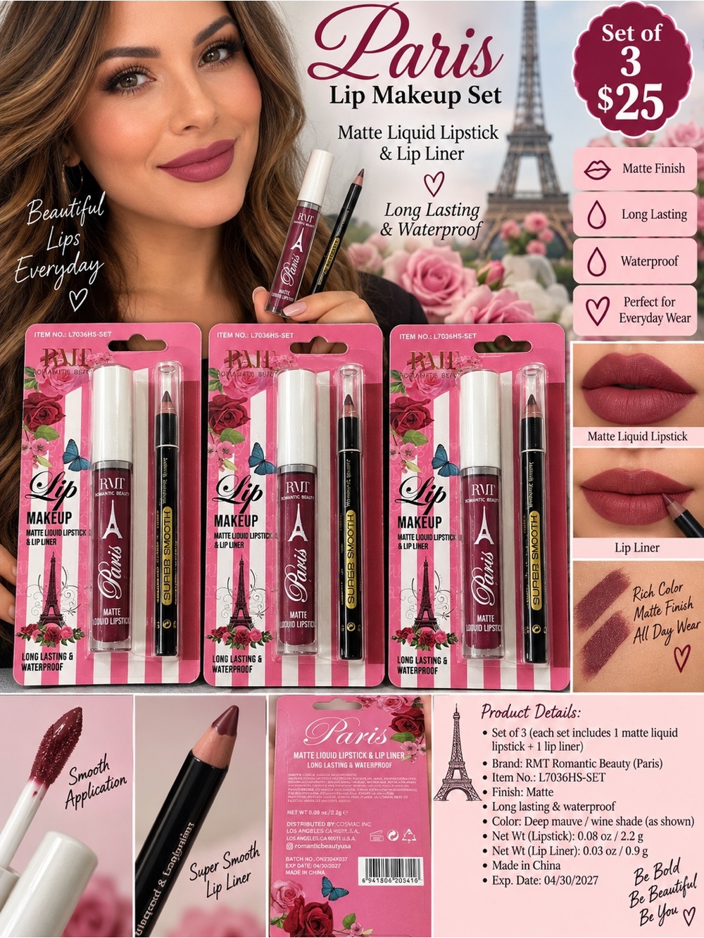 3PCS Aris Matte Liquid Lipstick & Lip Liner Set — Deep Mauve Pink (Set of 3)